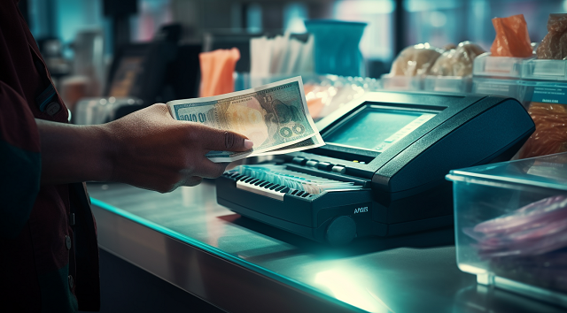 mężczyzna wkłada pieniądze do kasy fiskalnej